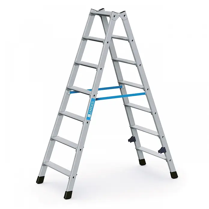 Zarges Stehleiter gebördelte Doppelstufenleiter Nova B 2x7 Stufen - Anzahl Tritte: 7 Stk., Arbeitshöhe: 3.000 m, Aluminium - Silberne Aluminium-Doppelstehleiter mit blauen Sicherheitsgurten und schwarzen Füßen.