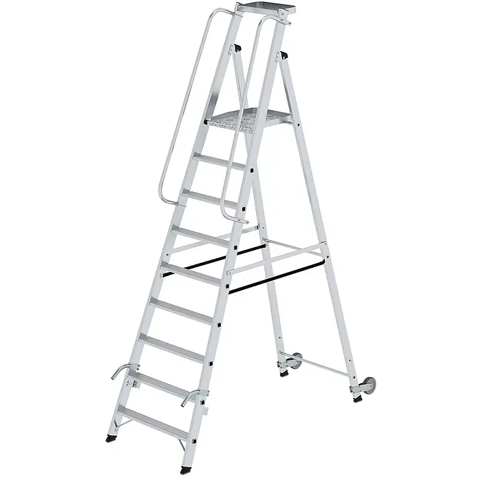Munk Stehleiter Aluminium-Stehleiter mit Rollen und Griff 9 Stufen - Anzahl Tritte: 9 Stk., Arbeitshöhe: 4.100 m, Aluminium - Silberne Aluminium-Arbeitsbühnenleiter mit geriffelter Plattform, Handläufen und Transporträdern.