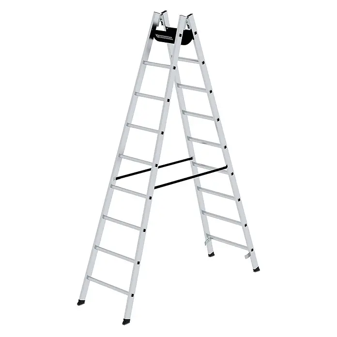 Munk Stehleiter Sprossenstehleiter 2x9 Sprossen - Anzahl Tritte: 9 Stk., Arbeitshöhe: 3.800 m, Aluminium - Silberne Aluminium-Klappleiter mit schwarzen Stabilisatoren und rutschfesten Füßen für Stabilität und Sicherheit.