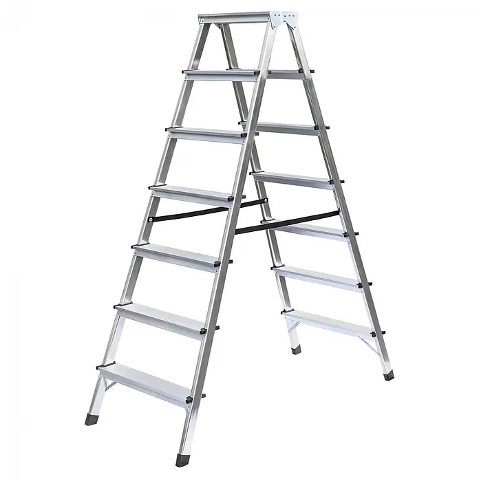 Munk Stehleiter Doppelleiter 2x7 Stufen - Aluminium - Silberne Aluminium-Klappleiter mit mehreren Stufen im A-Rahmen.