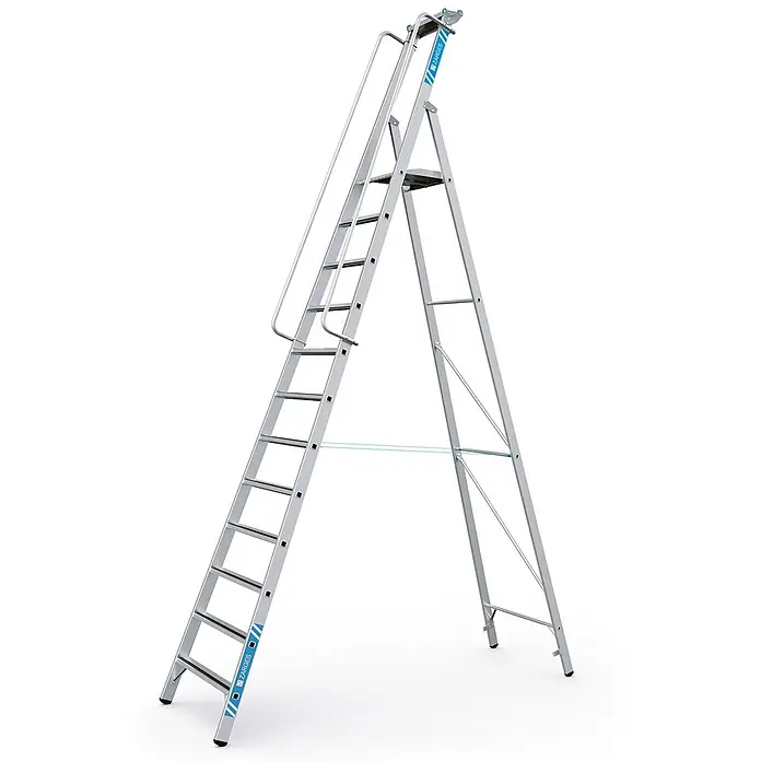 Zarges Stehleiter gebördelte Stehleiter Meistertritt S mit großer Plattform und Ablage 12 S - Anzahl Tritte: 12 Stk., Arbeitshöhe: 5.100 m, Aluminium - Silberne Aluminium-Arbeitsplattformleiter mit Sicherheitsgeländer und Verstrebungen.