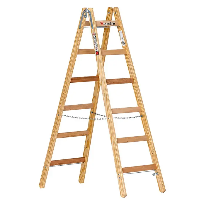 Euroline Stehleiter Holz Sprossenstehleiter 2x6 Sprossen - Anzahl Tritte: 6 Stk., Arbeitshöhe: 3.050 m, Holz - Trittleiter aus hellem Holz mit Metallscharnieren und Sicherheitsketten.