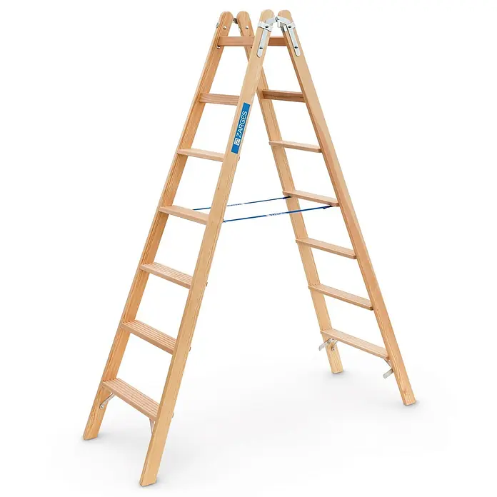 Zarges Stehleiter Holz Stehleiter Crestastep B, beidseitig begehbar 2x7 Stufen - Anzahl Tritte: 7 Stk., Arbeitshöhe: 3.300 m, Holz - Klappbare Holz-Stehleiter mit Naturholz-Finish, Metallscharnieren und blauen Sicherheitsgurten.