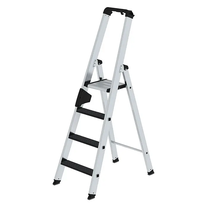 Munk Stehleiter Stehleiter mit clip-step R13 4 Stufen - Anzahl Tritte: 4 Stk., Arbeitshöhe: 2.950 m, Aluminium - Silberne Aluminium-Klappleiter mit schwarzen rutschfesten Stufen und oberem Sicherheitsgriff.