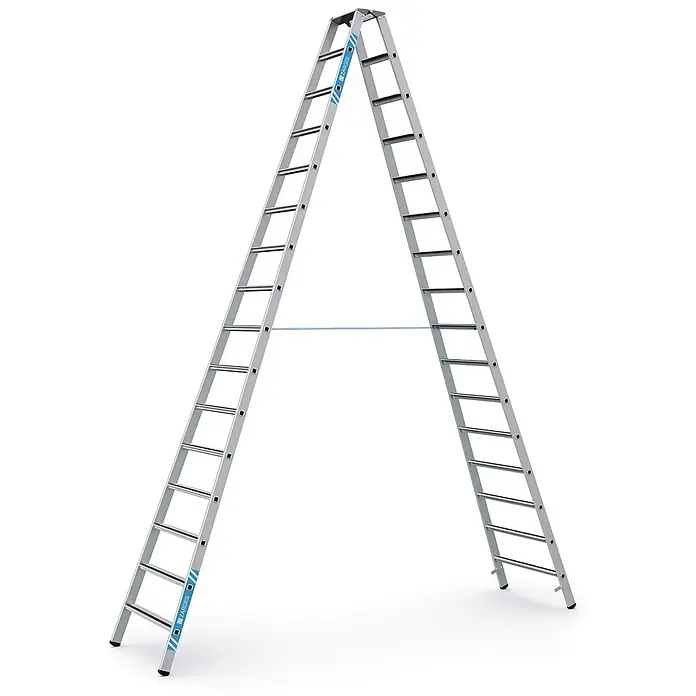 Zarges Stehleiter gebördelte Stehleiter, eloxiert Saferstep B 2x16 Stufen - Anzahl Tritte: 16 Stk., Arbeitshöhe: 5.700 m, Aluminium - Silberne Aluminium-Mehrzweckleiter, zweifach, in A-Form aufgestellt.