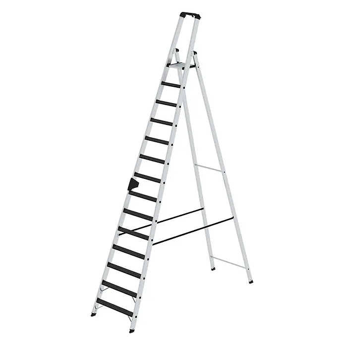 Munk Stehleiter Stehleiter mit clip-step R13 14 Stufen - Anzahl Tritte: 14 Stk., Arbeitshöhe: 5.250 m, Aluminium - Hohe silberne Aluminium-Stehleiter mit schwarzen Stufen, für Arbeiten in der Höhe.