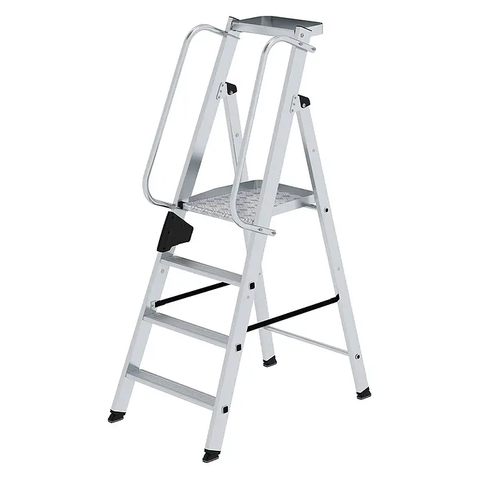 Munk Stehleiter Aluminium-Stehleiter 4 Stufen - Anzahl Tritte: 4 Stk., Arbeitshöhe: 2.950 m, Aluminium - Silberne Aluminium-Stehleiter mit Handläufen, rutschfesten Stufen und oberer Plattform mit Ablage.