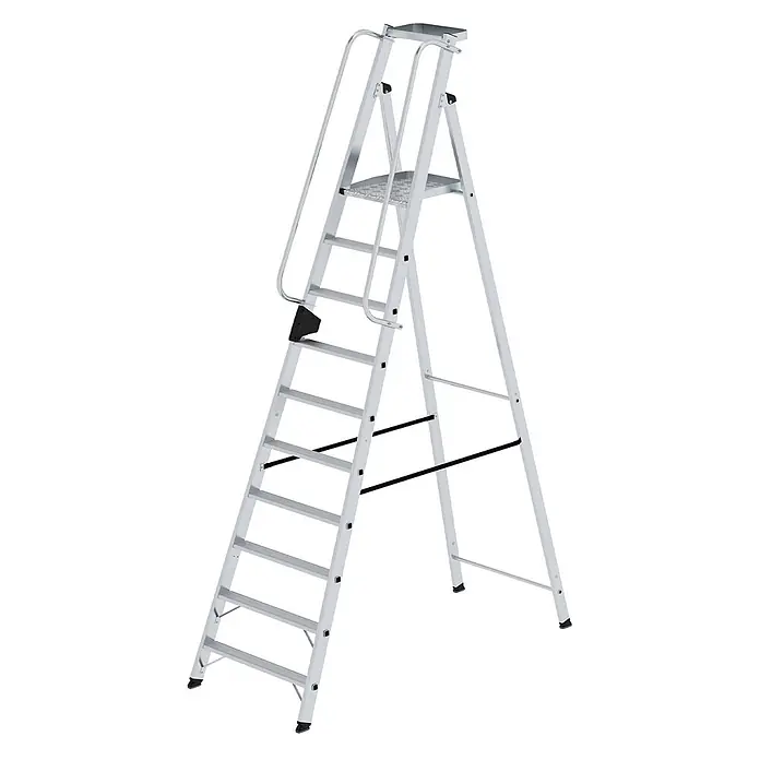 Munk Stehleiter Aluminium-Stehleiter 10 Stufen - Anzahl Tritte: 10 Stk., Arbeitshöhe: 4.350 m, Aluminium - Silberne Aluminium-Stehleiter mit breiten Stufen, einer Plattform und Handläufen für sicheres Arbeiten.