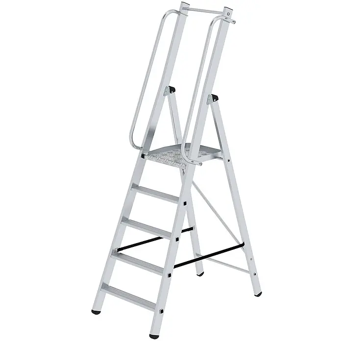 Munk Stehleiter ML Bauleiter Aluminium-Stufenstehleiter 5 Stufen - Anzahl Tritte: 5 Stk., Arbeitshöhe: 3.130 m, Aluminium - Silberne Aluminium-Stehleiter mit mehreren rutschfesten Stufen, stabiler Plattform und Schutzgeländern für sicheres Arbeiten in der Höhe.