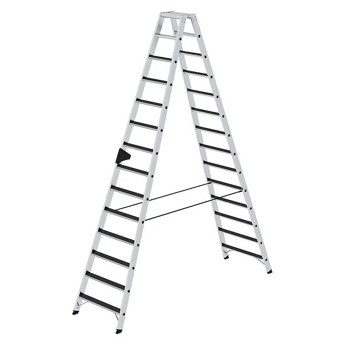 Munk Stehleiter Stehleiter beidseitig begehbar mit clip-step R13 2x14 Stufen -  - Silberne Aluminium-Doppelleiter mit schwarzen Anti-Rutsch-Stufen.