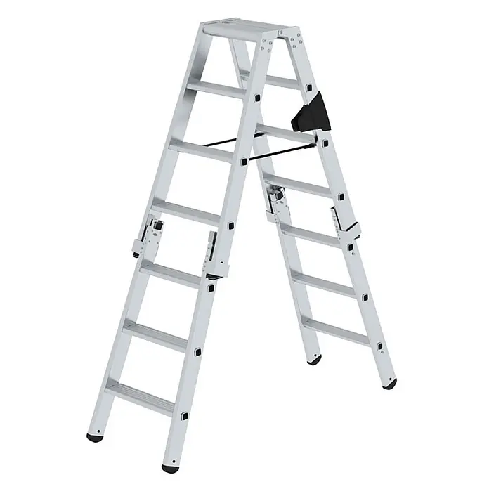 Munk Stehleiter Stufen Stehleiter beidseitig begehbar steckbar 2x4 Stufen - Anzahl Tritte: 4 Stk., Arbeitshöhe: 2.450 m, Belastbarkeit: 150 kg, Aluminium - Silberfarbene Aluminium-Mehrzweckgelenkleiter in A-Rahmen-Stellung.
