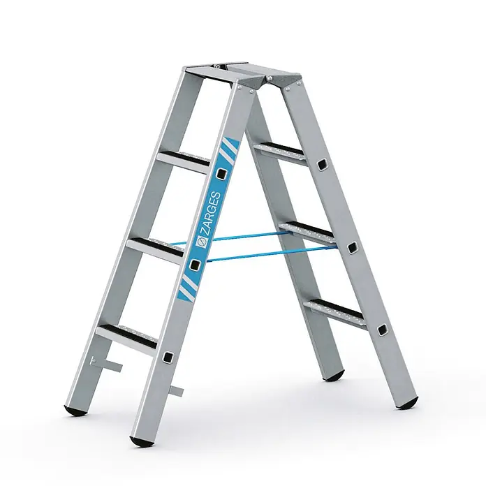 Zarges Stehleiter gebördelte Stufen-Stehleiter R13step-B eloxiert 2x4 Stufen - Anzahl Tritte: 4 Stk., Arbeitshöhe: 2.550 m, Aluminium - Silberne Aluminium-Klappleiter mit blauen Spreizsicherungen und schwarzen Anti-Rutsch-Stufen.