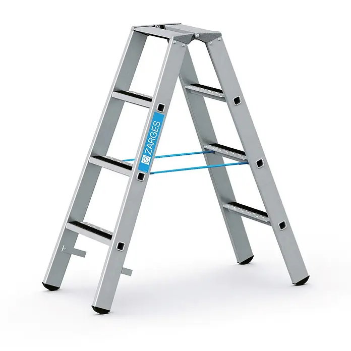 Zarges Stehleiter gebördelte Stufen-Stehleiter R13step-B eloxiert 2x4 Stufen - Anzahl Tritte: 4 Stk., Arbeitshöhe: 2.550 m, Aluminium - Silberne Aluminium-Stehleiter mit schwarzen Anti-Rutsch-Stufen und blauen Stabilisierungsbändern.
