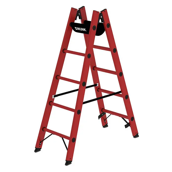 Munk Stehleiter Vollkunststoff Stehleiter beidseitig begehbar 2x5 Sprossen - Anzahl Tritte: 5 Stk., Arbeitshöhe: 2.750 m, Kunststoff - Rote Klapptrittleiter mit schwarzen Akzenten, in A-Form aufgestellt. Mit mehreren Sprossen und Stabilisierungsstangen.