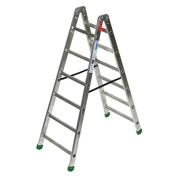 Facal Stehleiter Professional 1 Stehleiter S600 6 Sprossen - Anzahl Tritte: 6 Stk., Arbeitshöhe: 3.000 m, Aluminium - Aluminium-Klappleiter mit grünen Anti-Rutsch-Füßen und rotem Gelenkmechanismus. Selbsttragend für sicheren Einsatz.