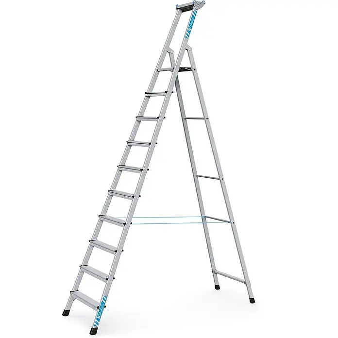 Zarges Stehleiter genietete Stehleiter, eloxiert Xlstep S 10 Stufen - Anzahl Tritte: 10 Stk., Arbeitshöhe: 4.500 m, Aluminium - Silberne Aluminium-Stehleiter mit mehreren Stufen und schwarzen Fußkappen, gesichert durch ein blaues Band.