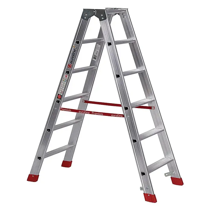 Euroline Stehleiter Premium 30577 Stufenstehleiter 2x6 Stufen - Anzahl Tritte: 6 Stk., Arbeitshöhe: 2.950 m, Aluminium - Silberne Aluminium-Klappleiter mit roten Antirutschfüßen und roten Spreizsicherungen für stabile Höhenarbeiten.
