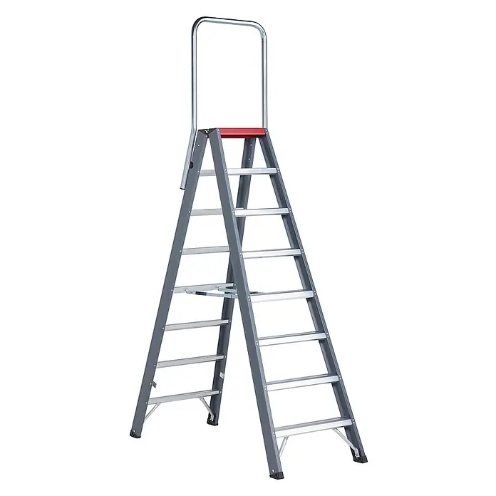 Altrex Stehleiter Falco beidseitig begehbare Stufenleiter FDO 8 Stufen mit Bügel - Anzahl Tritte: 8 Stk., Arbeitshöhe: 3.900 m, Aluminium - Graue Aluminium-Stehleiter mit roter Plattform und silbernem Haltegriff, für Stabilität und Sicherheit.