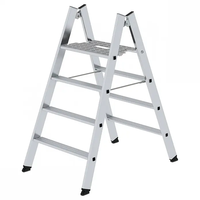 Munk Stehleiter Klapptritt beidseitig begehbar Alu natur 4 Stufen 2,99m AH - Anzahl Tritte: 4 Stk., Arbeitshöhe: 2.990 m, Aluminium - Silberne Aluminium-Stehleiter mit karierter oberer Plattform und schwarzen Anti-Rutsch-Füßen.
