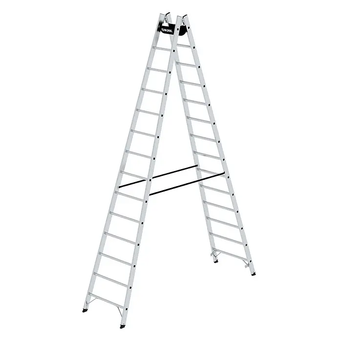 Munk Stehleiter Sprossenstehleiter 2x14 Sprossen - Anzahl Tritte: 14 Stk., Arbeitshöhe: 5.300 m, Aluminium - Silberne Aluminium-Klappleiter mit schwarzen Spreizstangen und Antirutschfüßen, einsatzbereit.