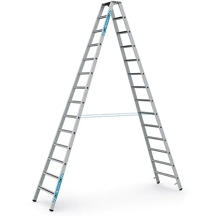 Zarges Stehleiter gebördelte Stehleiter, eloxiert Saferstep B 2x14 Stufen - Anzahl Tritte: 14 Stk., Arbeitshöhe: 5.200 m, Aluminium - Silberne Aluminium-Doppelstehleiter mit horizontalen Stabilisatoren, bereit zum Einsatz.