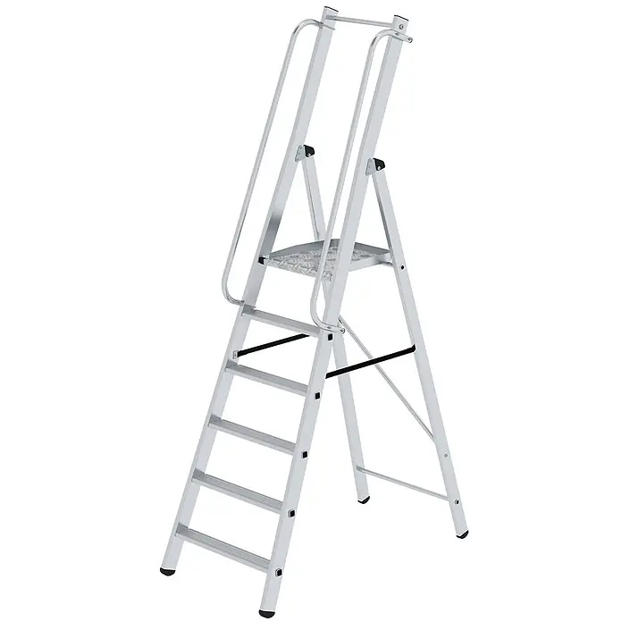 Munk Stehleiter ML Bauleiter Aluminium-Stufenstehleiter 6 Stufen - Anzahl Tritte: 6 Stk., Arbeitshöhe: 3.360 m, Aluminium - Silberne Aluminium-Stehleiter mit fünf rutschfesten Stufen, großer Plattform und Sicherheitsgeländern.