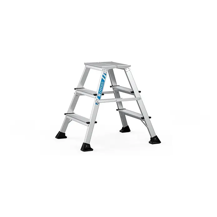 Zarges Stehleiter Trittleiter Arbeitspodest XLstep P 2x3 Stufen - Anzahl Tritte: 3 Stk., Arbeitshöhe: 2.740 m, Belastbarkeit: 150 kg, Aluminium - Silberne Aluminium-Klappleiter mit 3 Stufen, schwarzen Anti-Rutsch-Füßen und Tritten, mit ZARGES-Logo.
