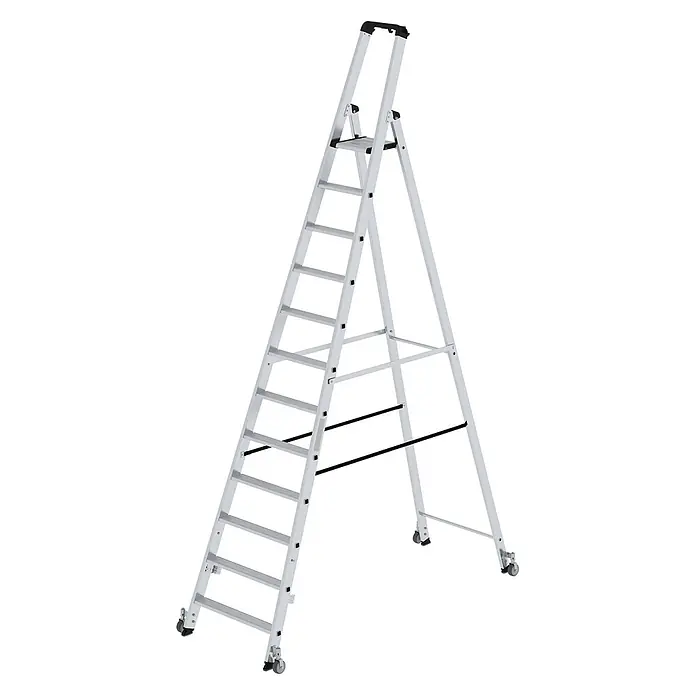 Munk Stehleiter Stehleiter einseitig begehbar mit Rollen 12 Stufen - Anzahl Tritte: 12 Stk., Arbeitshöhe: 4.800 m, Aluminium - Tragbare silberne Aluminium-Stehleiter mit Rollen und einer oberen Plattform.