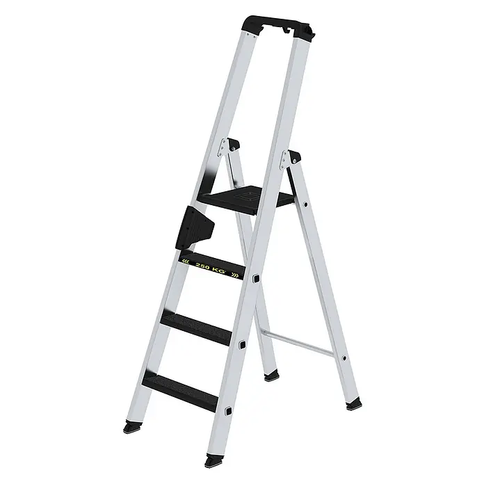 Munk Stehleiter Stehleiter mit clip-step R13 250kg, 4 Stufen - Anzahl Tritte: 4 Stk., Arbeitshöhe: 2.950 m, Aluminium - Silberne Aluminium-Klappleiter mit schwarzen Anti-Rutsch-Stufen, Plattform und Griff, belastbar bis 250 kg.