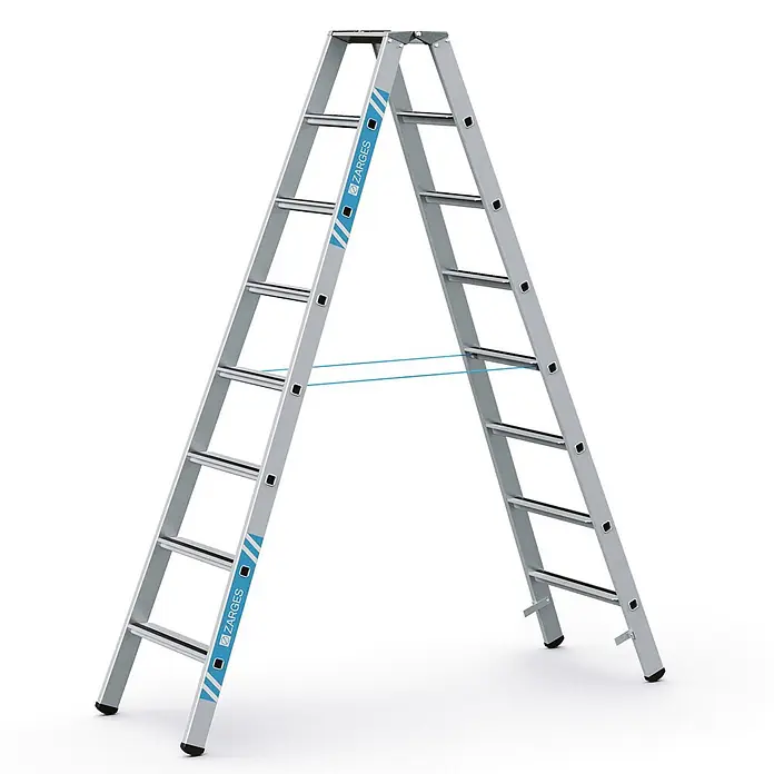 Zarges Stehleiter gebördelte Stehleiter, eloxiert Saferstep B 2x8 Stufen - Anzahl Tritte: 8 Stk., Arbeitshöhe: 3.600 m, Aluminium - Silberne Aluminium-Doppelleiter mit Spreizsicherungsseilen.