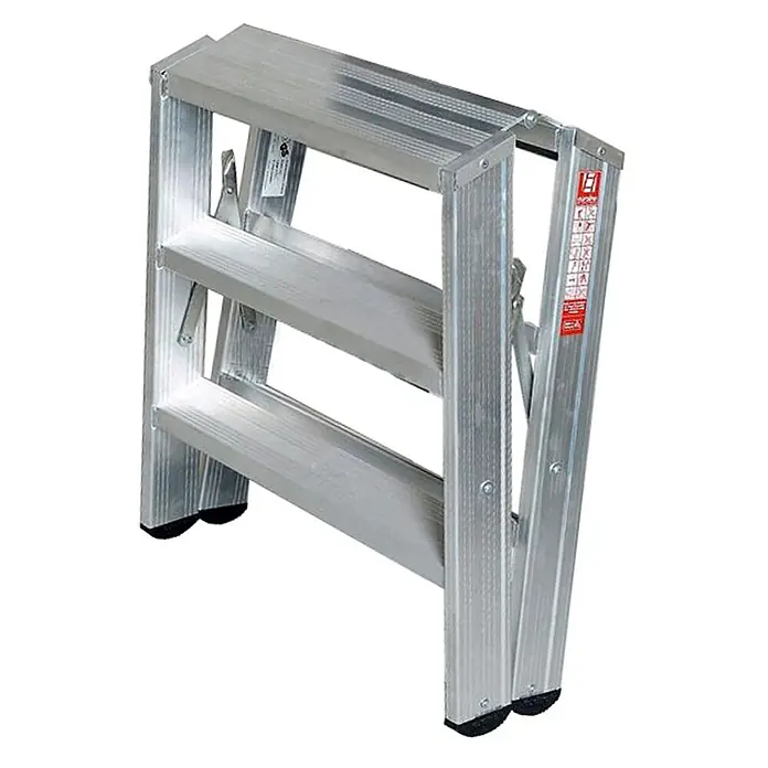 Euroline Stehleiter Premium 30581 Stufenstehleiter breit 2x3 Stufen - Anzahl Tritte: 3 Stk., Arbeitshöhe: 2.730 m, Aluminium - Kompakte, silberne Aluminium-Klappleiter mit breiten Stufen und rutschfesten Füßen.
