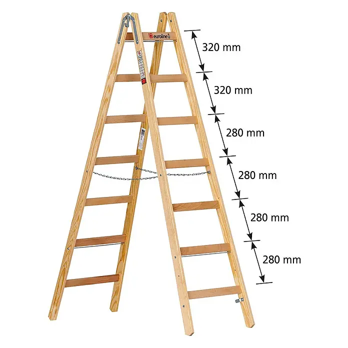 Euroline Stehleiter Holz Sprossenstehleiter Nr. 12506 mit Eimerhaken 2x7 Sprossen - Anzahl Tritte: 7 Stk., Arbeitshöhe: 3.300 m, Belastbarkeit: 150 kg, Holz - Stehleiter aus Naturholz mit Metallscharnieren und Sicherungskette, zeigt Sprossenabstände.