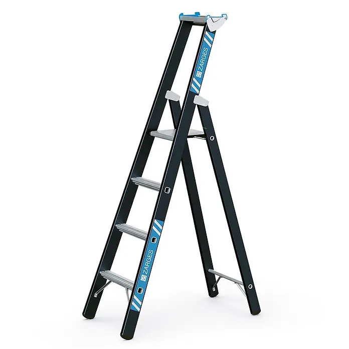 Zarges Stehleiter SL Stehleiter Megastep S 4 Sprossen - Anzahl Tritte: 4 Stk., Arbeitshöhe: 3.100 m, Aluminium - Schwarze und blaue Alu-Stehleiter mit vier rutschfesten Stufen und Branding.