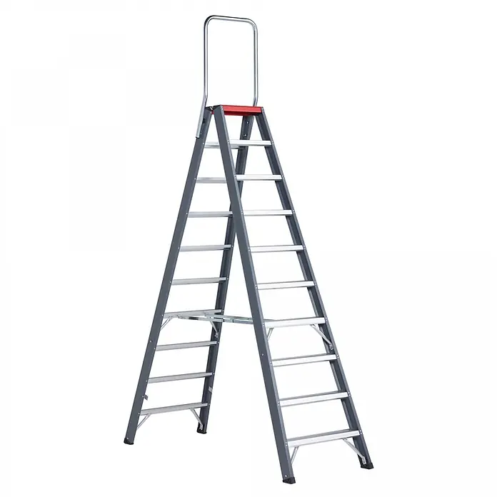 Altrex Stehleiter Falco beidseitig begehbare Stufenleiter FDO 10 Stufen mit Bügel - Anzahl Tritte: 10 Stk., Arbeitshöhe: 4.350 m, Aluminium - Doppelseitige graue Metall-Klappleiter mit roter Oberplatte und silbernem Sicherheitsbügel.