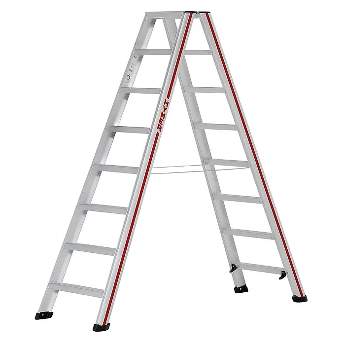 Hymer Stehleiter Stufenstehleiter mit vernieteten Leiterschuhen 2x8 Stufen - Anzahl Tritte: 8 Stk., Arbeitshöhe: 3.370 m, Aluminium - Silberne Aluminium-Klappleiter mit roten Seitenstreifen, rutschfesten Füßen und Stabilitätskabeln.