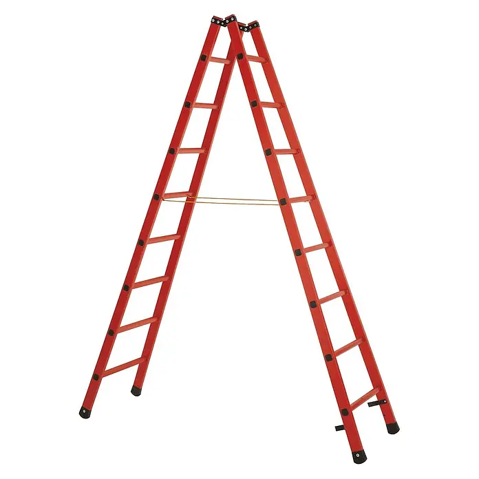 Iller Leiter Stehleiter GFK Vollkunststoff Steh 2x8 Sprossen - Anzahl Tritte: 8 Stk., Arbeitshöhe: 3.650 m, Kunststoff - Rote GFK-Trittleiter mit schwarzen Akzenten und gelber Spreizsicherung.
