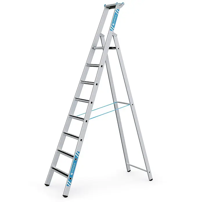 Zarges Stehleiter gebördelte Stufen-Stehleiter R13step S 8 Stufen - Anzahl Tritte: 8 Stk., Arbeitshöhe: 4.150 m - Silberne Aluminium-Klappleiter mit 8 schwarz-rutschfesten Stufen und blauen Stabilisatoren, ideal für Haus und Beruf.