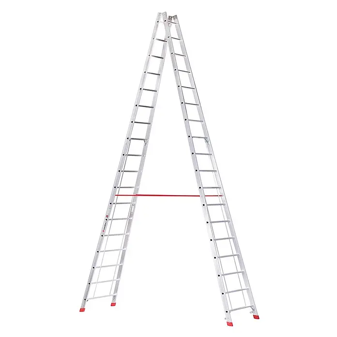 Euroline Stehleiter Premium 305 Sprossenstehleiter 2x18 Sprossen - Anzahl Tritte: 18 Stk., Arbeitshöhe: 6.200 m, Aluminium - Silberne Aluminium-Stehleiter in A-Form mit roten Füßen und roter Stabilisierungsstange.