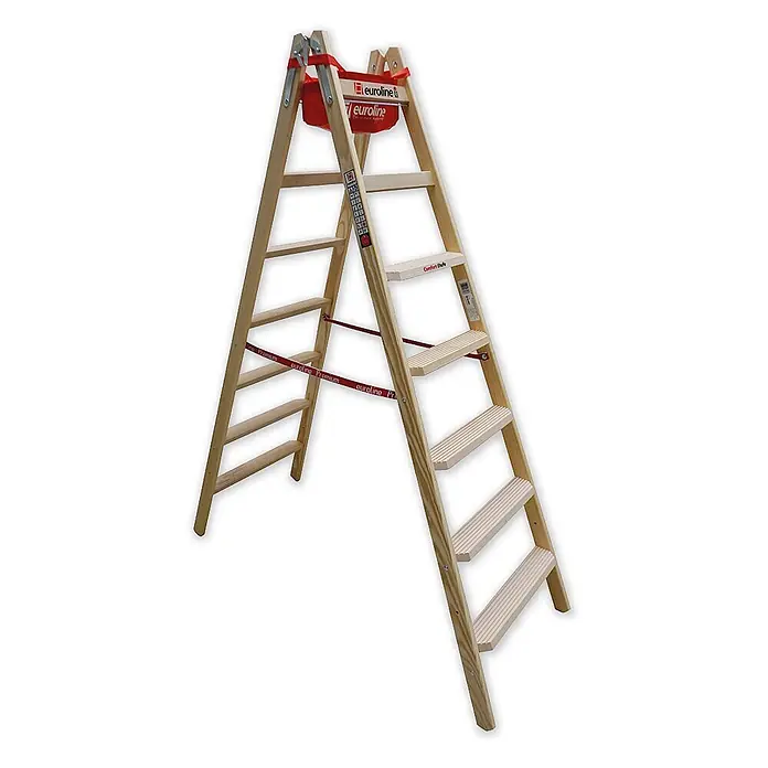 Euroline Stehleiter Holz Stufenstehleiter mit Comfort-Stufen mit Werkzeugablage 2x7 Stufen - Anzahl Tritte: 7 Stk., Arbeitshöhe: 3.260 m, Holz - Stehleiter aus Naturholz mit breiten Stufen, A-Rahmen-Design und roten Sicherheitsgurten, ideal für Haus und Beruf.