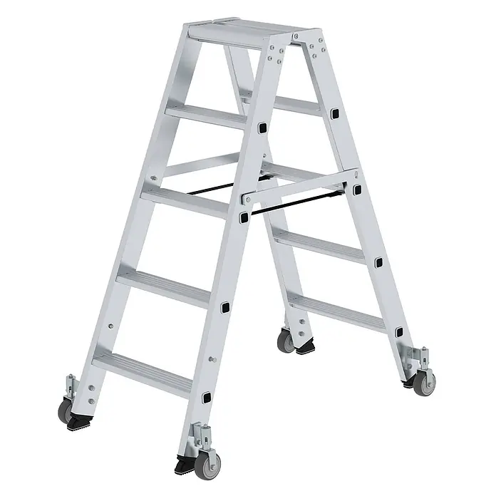 Munk Stehleiter Stehleiter beidseitig begehbar mit Rollen 2x5 Stufen - Anzahl Tritte: 5 Stk., Arbeitshöhe: 2.650 m, Aluminium - Silberfarbene Aluminium-Klapptrittleiter mit vier Rollen für leichte Bewegung.