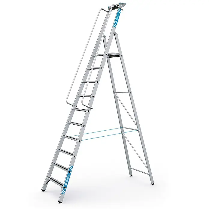 Zarges Stehleiter gebördelte Stehleiter Meistertritt S mit großer Plattform und Ablage 10 S - Anzahl Tritte: 10 Stk., Arbeitshöhe: 4.600 m, Aluminium - Silberne Aluminium-A-Leiter mit Plattform, Handlauf und blauen Querstreben zur Stabilität.