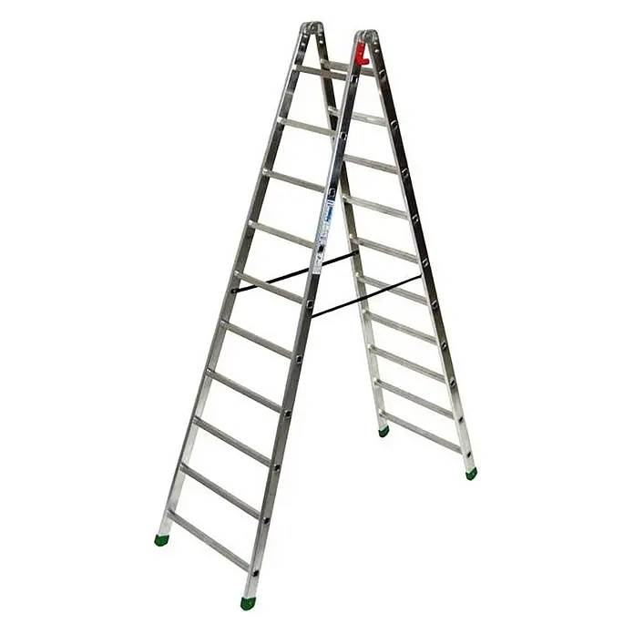 Facal Stehleiter Professional 1 Stehleiter S600 10 Sprossen - Anzahl Tritte: 10 Stk., Arbeitshöhe: 4.000 m, Aluminium - Silberne Aluminium-Stehleiter mit grünen Füßen und rotem Sicherheitsgelenk.