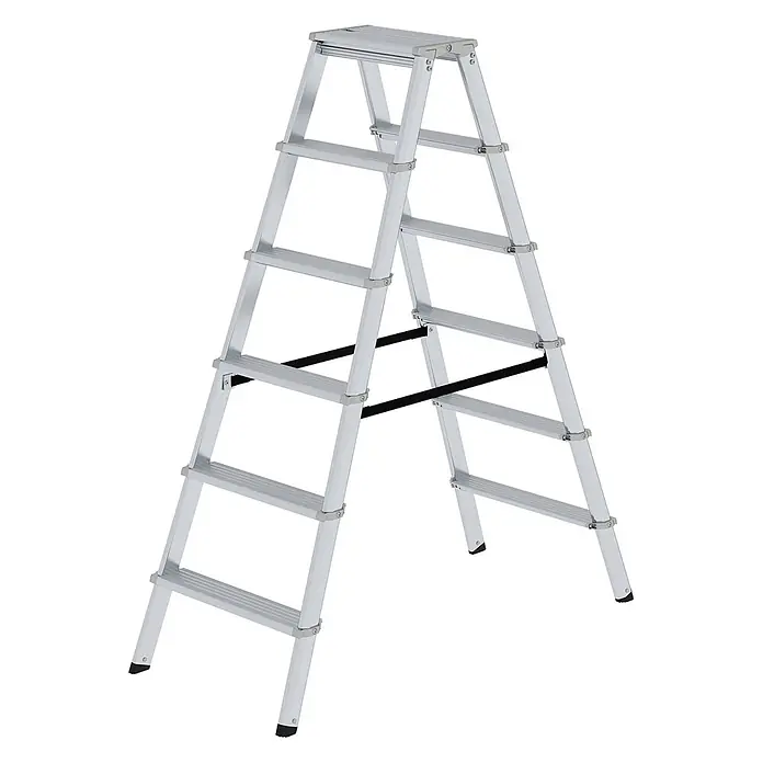 Munk Stehleiter Stufenstehleiter ML 2x6 Stufen - Arbeitshöhe: 2.950 m, Aluminium - Silberne Aluminium-Klapptritt mit mehreren Stufen und schwarzen Sicherheitsgurten.
