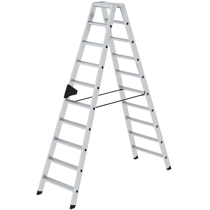 Munk Stehleiter Stehleiter mit ergo-pad beidseitig begehbar 2x10 Stufen - Anzahl Tritte: 10 Stk., Arbeitshöhe: 3.850 m, Aluminium - Silberne Aluminium-Stehleiter mit schwarzen Antirutsch-Füßen und Stabilisierungsstreben.