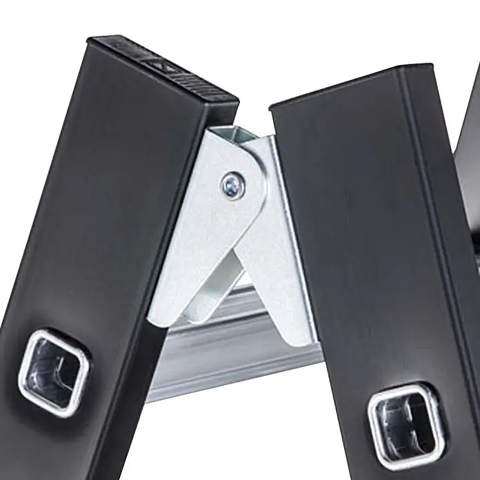Zarges Stehleiter SL Doppelleiter Megastep B 2x8 Stufen - Anzahl Tritte: 8 Stk., Arbeitshöhe: 3.550 m, Aluminium - Detailansicht eines silbernen Klappscharniers an einer schwarzen Leiter.