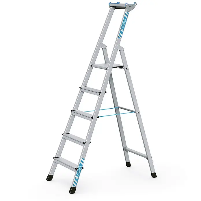 Zarges Stehleiter genietete Stehleiter, eloxiert XLstep S 5 Stufen - Anzahl Tritte: 5 Stk., Arbeitshöhe: 3.250 m, Aluminium - Silberne Aluminium-Stehleiter mit rutschfesten Stufen und blauen Akzenten.