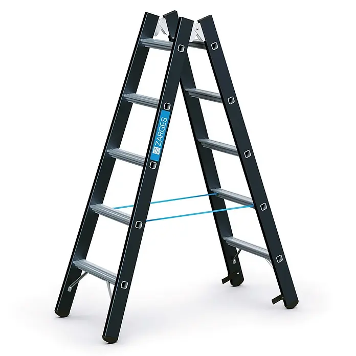 Zarges Stehleiter SL Doppelleiter Megastep B 2x5 Stufen - Anzahl Tritte: 5 Stk., Arbeitshöhe: 2.750 m, Aluminium - Stabile dunkelgraue Stehleiter mit silbernen Sprossen und blauen Sicherungsbändern.
