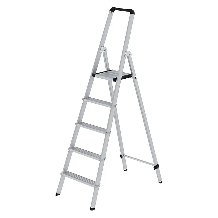 Munk Stehleiter Stufenstehleiter ML einseitig begehbar, eloxiert 5 Stufen - Anzahl Tritte: 5 Stk., Arbeitshöhe: 3.150 m, Aluminium - Silberne Aluminium-Klappleiter mit 5 Stufen, einer Plattform und schwarzen rutschfesten Füßen und Handlauf.