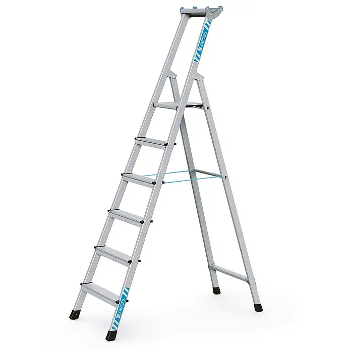 Zarges Stehleiter genietete Stehleiter, eloxiert XLstep S 6 Stufen - Anzahl Tritte: 6 Stk., Arbeitshöhe: 3.500 m, Aluminium - Silberne Aluminium-Stehleiter mit mehreren Stufen und blauen Akzenten.
