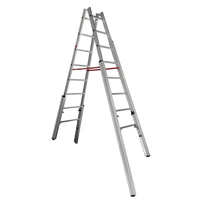 Euroline Stehleiter Premium 30576 Treppenstehleiter 2x8 Sprossen - Anzahl Tritte: 8 Stk., Arbeitshöhe: 3.600 m, Aluminium - Aluminium-Mehrzweckleiter in A-Form mit roten Sicherheitsspreizern.